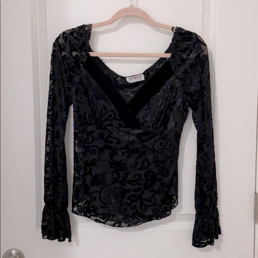 Mesh velvet v neck top